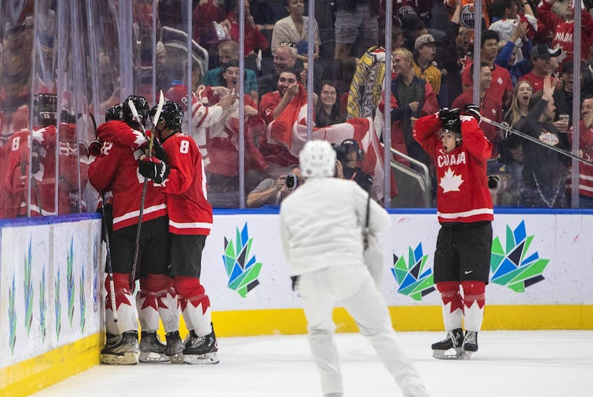 Canada celebrates a goal against Czechia during first period IIHF World Junior Hockey Championship action in Edmonton on Saturday, Aug. 13, 2022. 