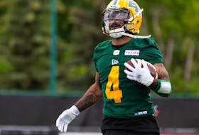 Edmonton Elks returner Charles Nelson (4), pictured in practice June 22, 2022, was released by the club ahead of Tuesday's practice.