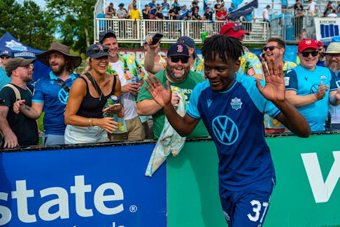 Fumpa Mwandwe of the HFX Wanderers celebrate with the Wanderers Grounds faithful following a 1-0 victory over Valour FC last Saturday afternoon. - TREVOR MacMILLAN / CANADIAN PREMIER LEAGUE