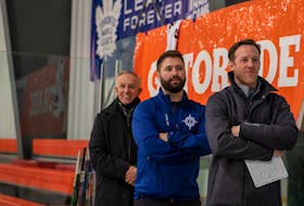 Mount Pearl’s Mark Lee (right) will be on a different bench next season. That’s because he will be joining the Quebec Major Junior Hockey League’s Saint John Sea Dogs as an assistant coach for the 2022-2023 season. Also shown the photo are East Coast Blizzard’s Joe Yetman (centre) and Jack Lee. Photo courtesy NL Division X/Geoff Hynes