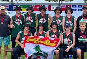The P.E.I. Team Two won the bronze medal at the 2022 Football Canada Under-16 East Regionals for flag football at UPEI in Charlottetown over the weekend. Team members are, front row, from left: Jake Rozell, Jack Rennie, Sullivan Gaudet, Griffin Delaney and Jack Rozell, equipment manager. Back row: Gary Rozell (head coach), Emery Arsenault, Jordan Shaw, Eddy Doyle, Ben Milligan, Henry Arsenault, and Jason Milligan (assistant coach and team manager). Contributed