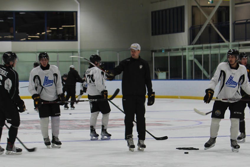 Cape Breton Eagles' hopefuls take in some morning practice sessions during the team's training camp at the Miners Forum in Glace Bay on Wednesday. Fifty-five players are attending camp this year as the Eagles prepare for its 26th season. The Eagles will then move on to Truro to play a couple of QMJHL pre-season games Thursday and Friday night against the Acadie-Bathurst Titan. Game times are slated for 7 p.m. IAN NATHANSON/CAPE BRETON POST