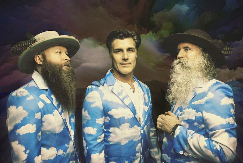 Washboard Union Everbound cloud suit photo. (l-r) Chris Duncombe, Aaron Grain, David Roberts). 2020 [PNG Merlin Archive]