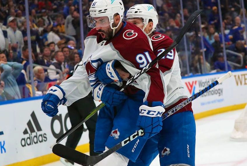 ST LOUIS, MO - MAY 21: (L-R) Nazem Kadri #91 and Nathan MacKinnon #29 of the Colorado Avalanche celebrate Kadri's goal against the St. Louis Blues in the second period during Game Three of the Second Round of the 2022 Stanley Cup Playoffs at Enterprise Center on May 21, 2022 in St Louis, Missouri.