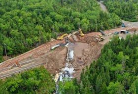 Heavy rains washed out a section of the Cabot Trail around the Still Brook and Black Brook Cove Beach area early Thursday. A single-lane detour has been opened as of 7 p.m. Thursday. CONTRIBUTED/PARKS CANADA