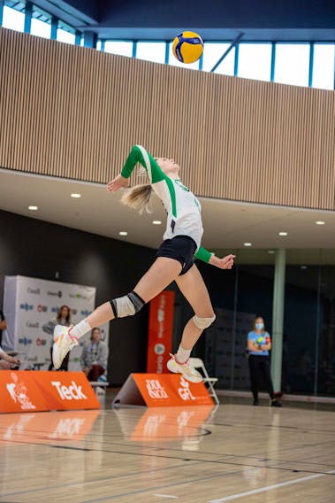 Team P.E.I.’s Morgan White serves the ball during a female volleyball match earlier this week at the 2022 Canada Summer Games in the Niagara region of Ontario. Team P.E.I. Photo • Special to The Guardian