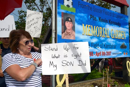 VIDEO: ‘For God’s sake have a heart’: People of St. Vincent’s, retired members of the military participate in rally to save Pte. Kevin Kennedy Memorial Garden from potential sale in Newfoundland town