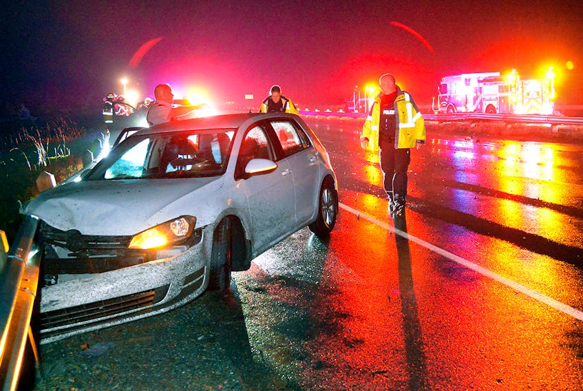 A woman sustained minor injuries when her car apparently hydroplaned and struck two T.C.H. guardrails near Paradise Thursday night. Saltwire Network