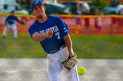 Brody Fraser of Upper Nine Mile River sends a pitch during men's Canada Games softball action at Southward Community Park, Grimsby, Ont. - Len Wagg/Communications Nova Scotia