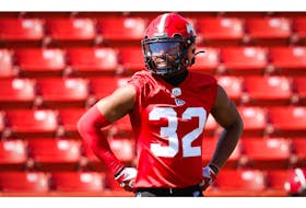 Calgary Stampeders Titus Wall during practice on Tuesday, August 9, 2022, the team will take on the BC Lions this Saturday in CFL football. Al CHAREST / POSTMEDIA