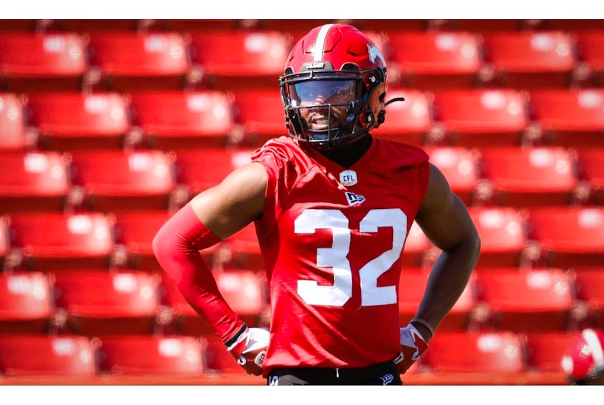 Calgary Stampeders Titus Wall during practice on Tuesday, August 9, 2022, the team will take on the BC Lions this Saturday in CFL football. Al CHAREST / POSTMEDIA