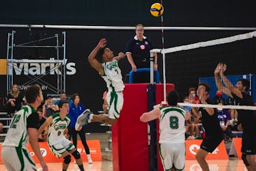 Team P.E.I.’s Jeremy Norman jumps in the air to spike the ball during male volleyball action in the 2022 Canada Summer Games in the Niagara region of Ontario. Team P.E.I. Photo • Special to The Guardian