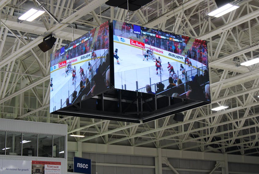 The new score clock at the Rath Eastlink Community Centre playing video from the Professional Women's Hockey Players Association showcase last fall in Truro. The score clock can play video and many kinds of graphics.