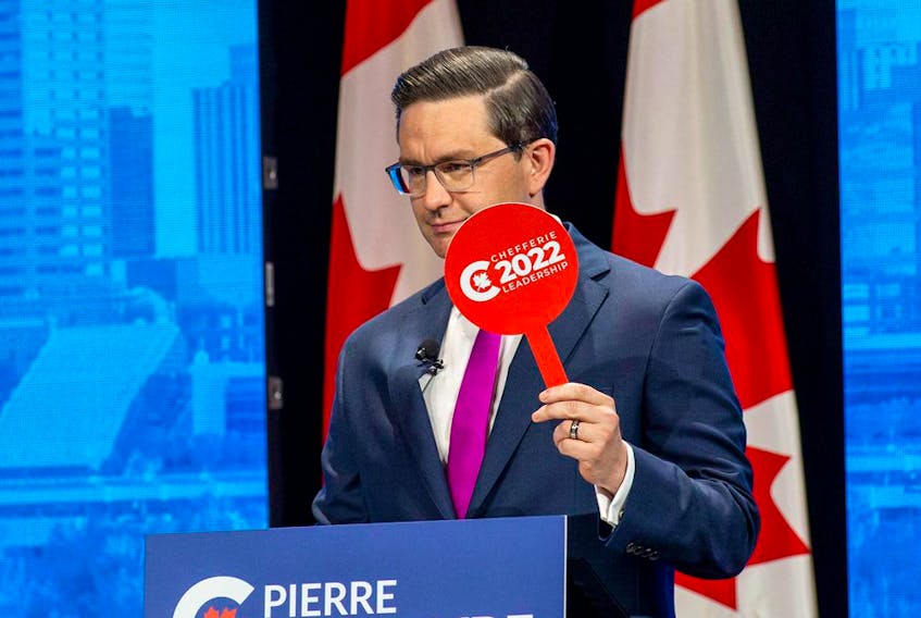 Pierre Poilievre takes part in the Conservative Party of Canada English leadership debate in Edmonton on May 11, 2022, which according to one of his campaign officials was "widely recognized as an embarrassment."