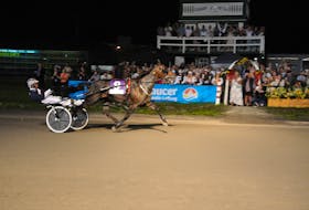 Anthony MacDonald drives Sintra to a track-record-tying mile of 1:50.1 in winning the 63rd Gold Cup and Saucer, presented by Atlantic Lottery Corporation, at Red Shores Racetrack and Casino at the Charlottetown Driving Park on Aug. 21. The race featured a $100,000 purse and marked MacDonald’s first Gold Cup and Saucer victory. Photo by Gail and Ronota