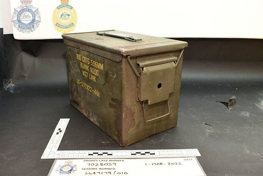  Photos regarding the seizure in Melbourne, Australia, of that country’s largest stash of fentanyl, which was found inside military surplus ammunition boxes hidden in an industrial lathe that had been shipped from Canada.