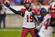  Stampeders quarterback Bo Levi Mitchell throws a pass against the Argonauts on Saturday.