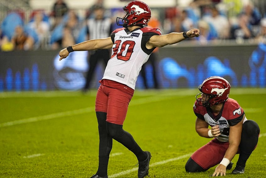  Stampeders kicker Rene Paredes watches a successful field goal against the Argonauts on Saturday.