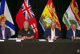 Nova Scotia Premier Tim Houston, Ontarion Premier Doug Ford, New Brunswick Premier Blaine Higgs and P.E.I. Premier Dennis King hold a news conference after their discussions on Monday in this screen shot from video.