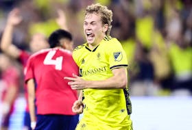 Port Williams' Jacob Shaffelburg celebrates his goal in his debut with Nashville Football Club on Sunday.