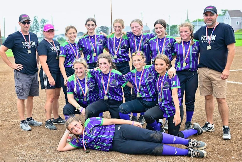 The Sydney Venom under-13 girls' softball team will compete for an Eastern Canadian championship this week in Fredericton. Members of the team are shown after winning the Nova Scotia title earlier this month in Whitney Pier. Front row, Hailey Sophocleous-MacDonald. Middle row, from left, Bailey Therrien, Cate MacAulay, Vada Kennedy, and Chloe Kuba. Back row, from left, Donald Kennedy (coach), Nya Kennedy (coach), Julia MacDonald, Madi Crawley, Avery MacNeil, Mary Margaret MacLean, Lila Boudreau, Brooklyn Nightingale and Chris Crawley (coach). PHOTO CONTRIBUTED/NYA KENNEDY