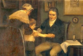 An illustration shows Edward Jenner inoculating the first child with a smallpox vaccine.