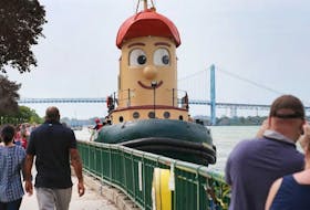 Theodore Too, a large-scale imitation tugboat based on the fictional television tugboat character Theodore Tugboat, is shown on  Sept, 4, 2021 during a stop at Dieppe Park in downtown Windsor. 