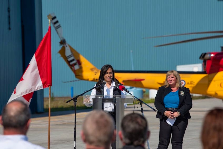 Canadian Defence Minister Anita Anand (left) and Labrador MP Yvonne Jones at a news conference at 5 Wing Goose Bay in Labrador discussing NORAD modernization.
