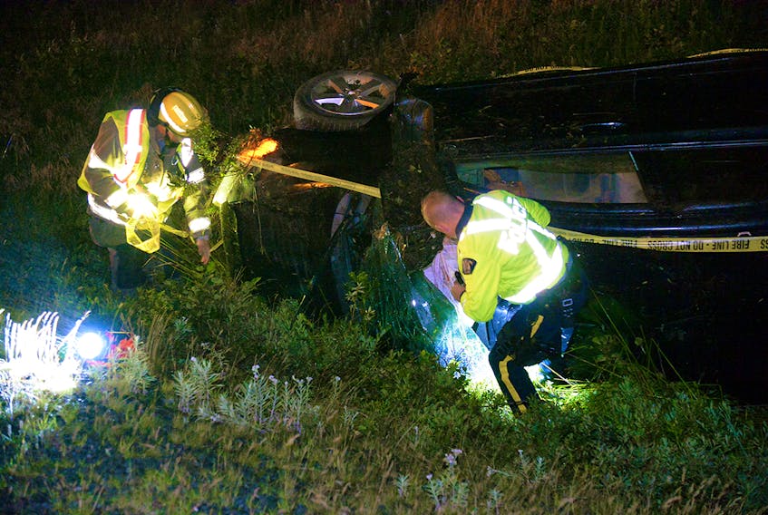 Two people escaped serious injuries after their vehicle left the T.C.H. and overturned west of Foxtrap early Thursday morning. Saltwire Staff