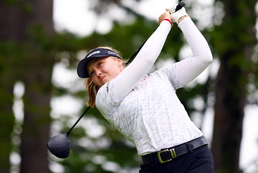 Brooke Henderson hits her tee shot on the 18th hole during the second round of the CP Women's Open.