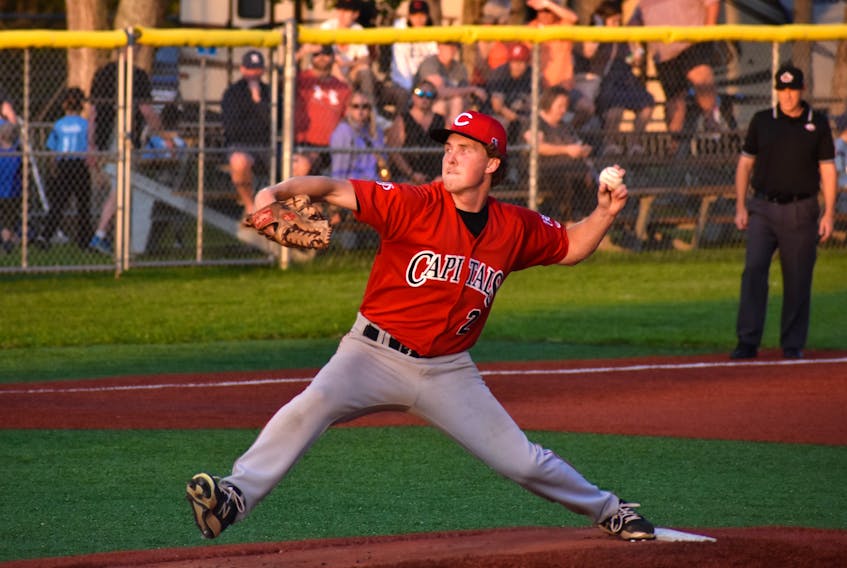 Matthew Colbourne of the St. John’s Capitals prepares to deliver a pitch during Baseball Canada Senior Men’s National Championship action at the Susan McEachern Memorial Ball Park on Thursday. JEREMY FRASER/CAPE BRETON POST.