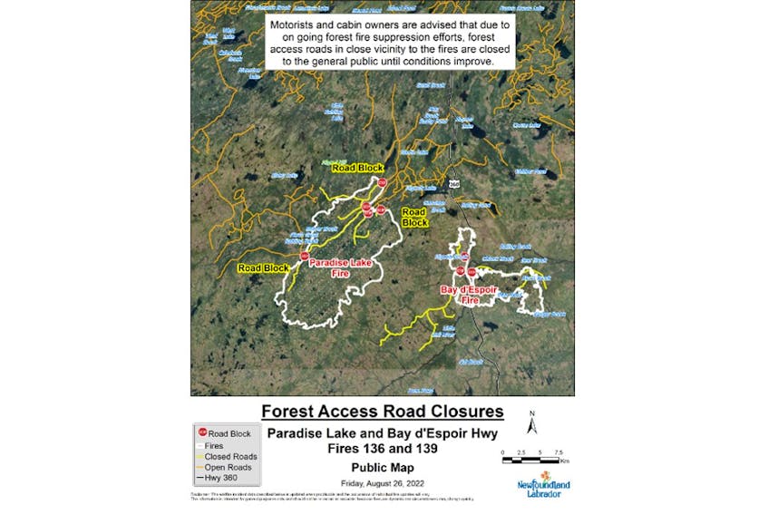 The province released a map that shows closed forest access roads in yellow, areas shown in white crosshatch are active forest fire locations and are not accessible. The stop symbols represent the points at which the public may not go any further as they are considered unsafe. Contributed