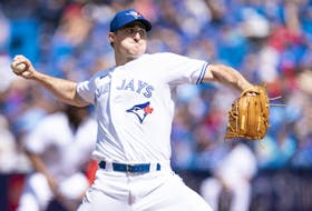 Toronto Blue Jays starting pitcher Ross Stripling throws a pitch against the Los Angeles Angels during the first inning at Rogers Centre, Aug. 28, 2022.