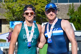 Tristan Stewart, of Tiny, Ont., right and Yannick Dupuis, of Notre-Dame, N.B. finished first and second, respectively, in the standard triathlon during the TriLobster Triathlon in Summerside on Sunday, Aug. 28. Stewart said he hopes for an invite to the world championships in Spain. - Kyle Reid
