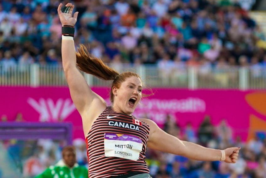 Sarah Mitton releases a throw in the shot put final at the Commonwealth Games in Birmingham, England on Wednesday. - Athletics Canada