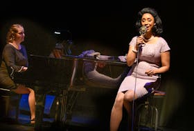 Jen Lewin, left, on piano and Krystal Dos Santos, who plays Viola Desmond in Hey Viola! Are pictured during a past performance of the cabaret show. Photo special to The Guardian by Murray Mitchell
