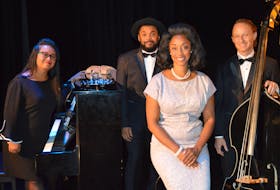 The cabaret band in Hey Viola! finished rehearsals on Aug. 3 for a run of performances that began Aug. 3 at The Mack in Charlottetown. From left are Mary Ancheta, piano, Chris Davis, drums and trumpet, Krystle Dos Santos, the vocalist who plays Viola Desmond, and Steve Charles, bass and guitar. Dave Stewart • The Guardian