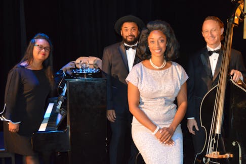 The cabaret band in Hey Viola! finished rehearsals on Aug. 3 for a run of performances that began Aug. 3 at The Mack in Charlottetown. From left are Mary Ancheta, piano, Chris Davis, drums and trumpet, Krystle Dos Santos, the vocalist who plays Viola Desmond, and Steve Charles, bass and guitar. Dave Stewart • The Guardian
