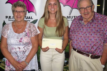 Selena Gaudette, centre, of Tignish was the winner of the recent Youth Talent Competition, hosted by L'Exhibition agricole et le Festival acadien in Abram-Village. She received $300 from P.E.I. Mutual Insurance and will represent the festival at the provincial finals in September. Provincial talent co-ordinator Jean Tingley, left, and Jeanne Gallant, right, chair of L'Exhibition agricole et le Festival acadien were on hand to congratulate the winner. Runners up were Krissa Reeves-Baker of Mischouche in second and Summerside resident Brianna Shortt in third.