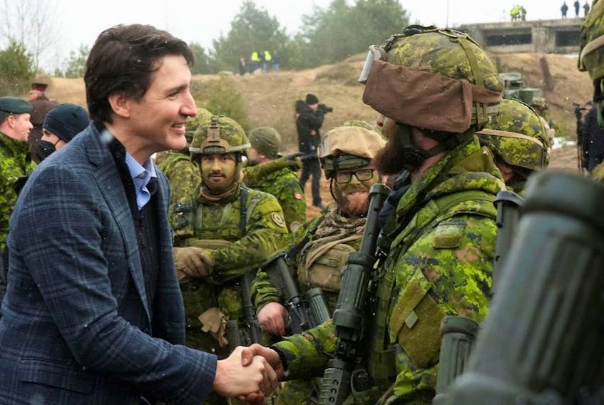 Canadian Prime Minister Justin Trudeau visits Canadian troops, following the Russian invasion of Ukraine, in the Adazi military base, Latvia, March 8, 2022.  