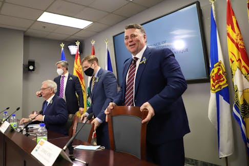 Premier Dennis King (right) along with Atlantic Premiers Tim Houston, Blaine Higgs and Andrew Furey in Halifax in March 2022. The Dennis King Progressive Conservatives have maintained a commanding lead in P.E.I. polling since the start of the COVID-19 pandemic. - Tim Krochak/File