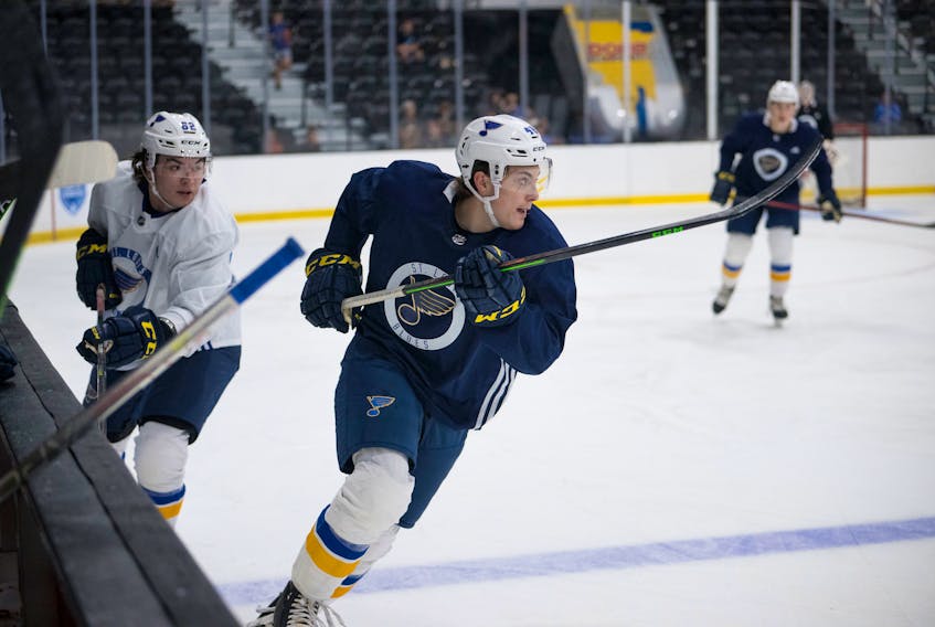 ST. LOUIS, MO - JULY 14:  during Prospects Camp at the Centene community Ice Center on July 14, 2022 in St. Louis, Missouri. (Photo by Scott Rovak/St. Louis Blues  New Glasgow's Landon Sim took part in the St. Louis Blues rookie camp in July and is playing in the NHL Prospect Tournament next month. Scott Rovak / St. Louis Blues