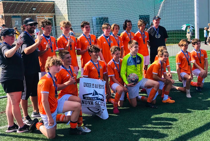 Members of the Cape Breton Capers under-15 ‘AA’ team are shown with the championship banner after claiming the Nova Scotia provincial title last weekend. Names were not available. CONTRIBUTED/IAIN KING.