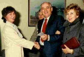 Mikhail Gorbachev, former leader of the Soviet Union, stopped in Gander a few times over the years. Here he is shown with his wife Raisa (right) and then Deputy Mayor of Gander Sandra Kelly. Kelly said she met him three times and he was very polite and respectful person. - Photo courtesy of Gander Airport Historical Society.