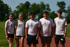 Athletes from Celtic Athletics Track Club in Cape Breton will compete for Team Nova Scotia-Nunavut at the Royal Canadian Legion National Youth Track and Field Championships in Sherbrooke, Que. The event will run today until Sunday. From left, Ella Bottomley (Sydney/distance), Ella Barry (Sydney/sprints and jumps), Owen Minihan (Sydney/throws), Max Minihan (Sydney/jumps), and Anthony Phillips (Sydney Mines/sprints and jumps). Missing from the photo was Blake Marchand of Port Hawkesbury, who will be competing in jumps. PHOTO CONTRIBUTED/GREG MYATT.
