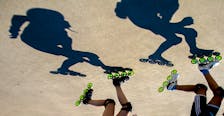 FOR TAPLIN STORY:
The shadows nd skates of Xingyan Han, 13, left and Evan Ren, 12,  members of the Speedy Kids Oval Program Society, are seen doing laps in the Oval in Halifax Thursday August 3, 2022.

TIM KROCHAK PHOTO