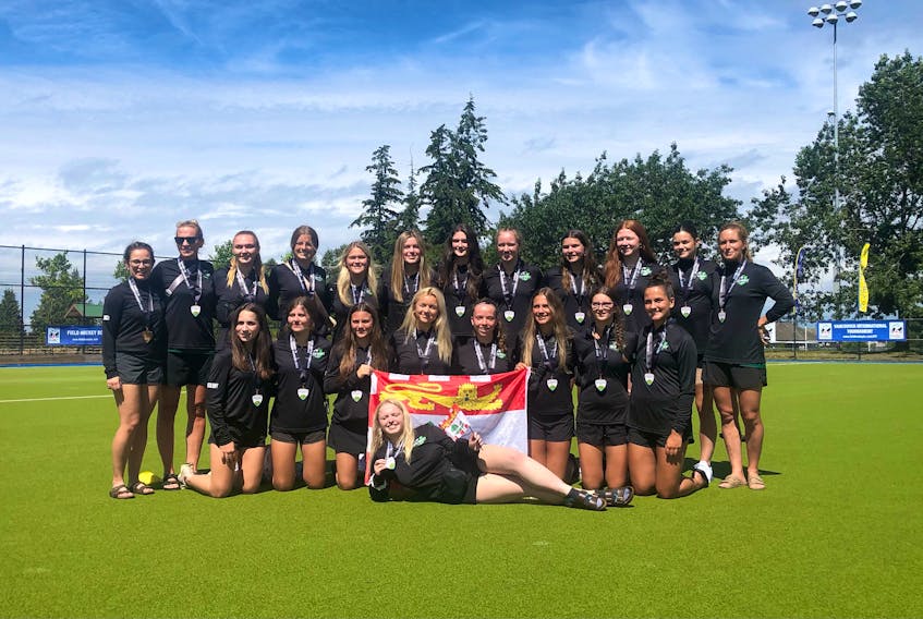 Team P.E.I. won the bronze medal in the Tier 2 Division of the national under-18 girls’ field hockey championship on Aug. 3 in Surrey, B.C. Team members are keeper Laura Scantlebury, front, and kneeling, from left, Bree MacAlduff, Jorja Hambly, Katie-Grace Noye, Grace Larkin, Charlotte Thompson, Brooke Walsh, Kayla Batchilder and Kali Smith (co-captain). Back row, from left, are Lacey MacLauchlan (assistant coach), Trish Walsh (manager), Maggie Mullins, Molly Doyle (co-captain), Sydnee Chaisson, Jessee Hill, Ellen Carragher, Abby Larkin, Ella Hennessy, Livi Lawlor, Lindsey Doiron and Katie Baker (coach). Contributed photo