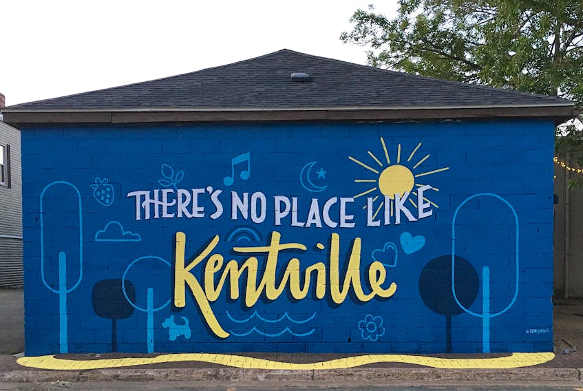 Kentville’s blue and yellow placemaking mural cannot be missed in Centre Square. It was painted by Kristen De Palma, of KDP Letters in Halifax, during the town’s recent mural festival.