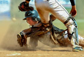 Metro Marlins Logan Harvey slides into home safe, as Dartmouth's catcher Logan Raftus can't snare the ball during Canadian U22 baseball championships at Beazley Field in Dartmouth Friday August 5, 2022.

TIM KROCHAK PHOTO