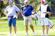  Fred Couples golfs with Jim Riddell, chair of the Shaw Charity Classic patron group, during the RBC Championship Pro-Am at Canyon Meadows Golf and Country Club in Calgary on Thursday, Aug. 4, 2022.